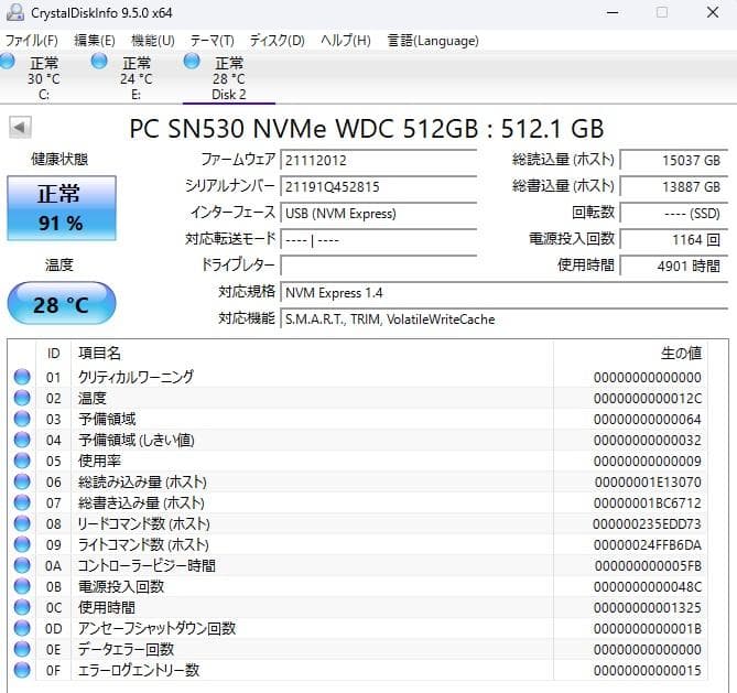 【中古正常品】ウエスタンデジタル NVMe 512GB SSD　Type2230