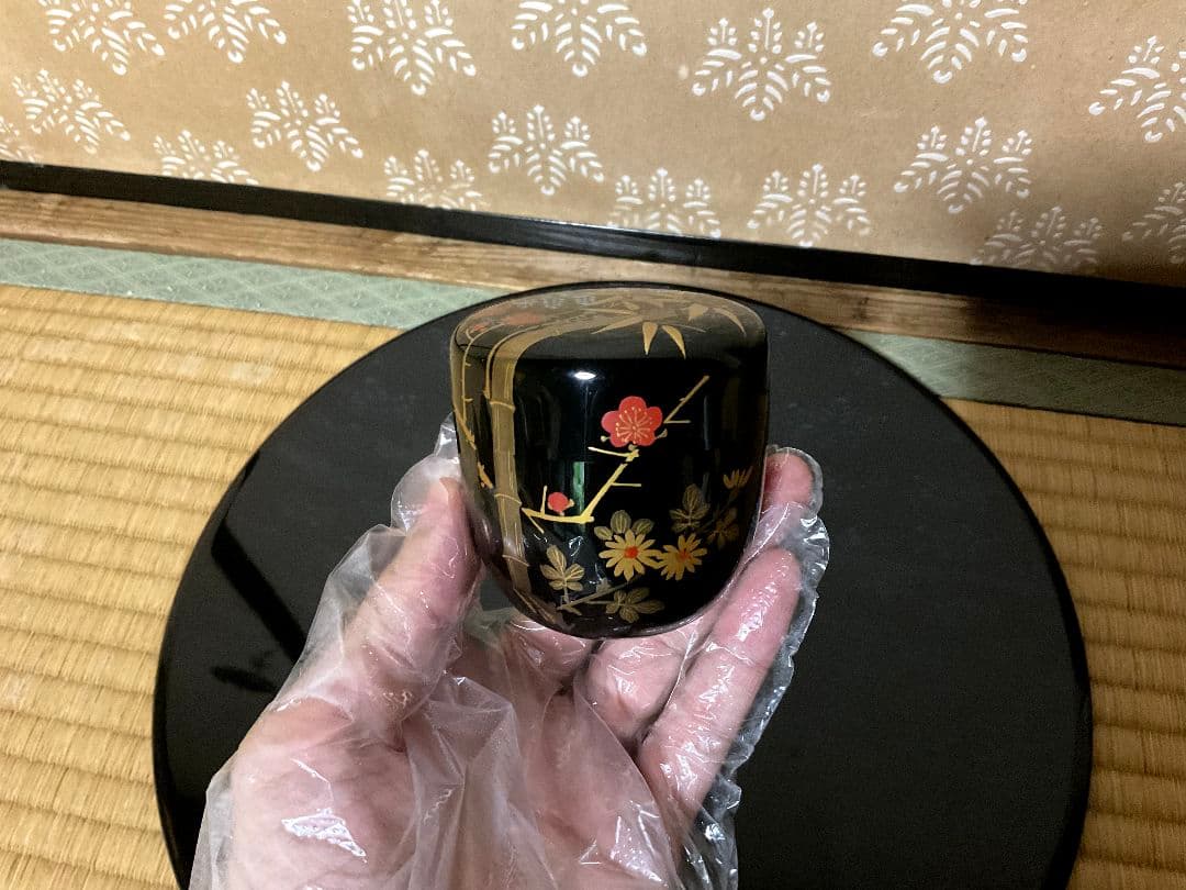 輪島塗 竹梅蒔絵　根来塗 朱塗　中棗　2点セット　仕覆付き