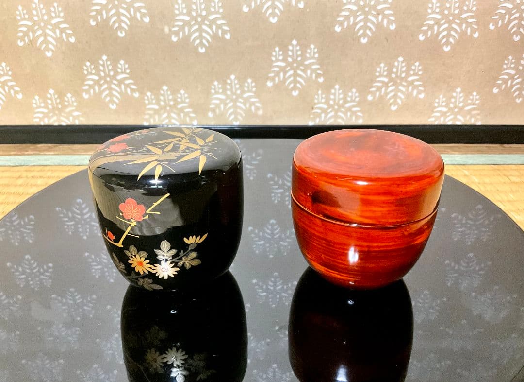 輪島塗 竹梅蒔絵　根来塗 朱塗　中棗　2点セット　仕覆付き