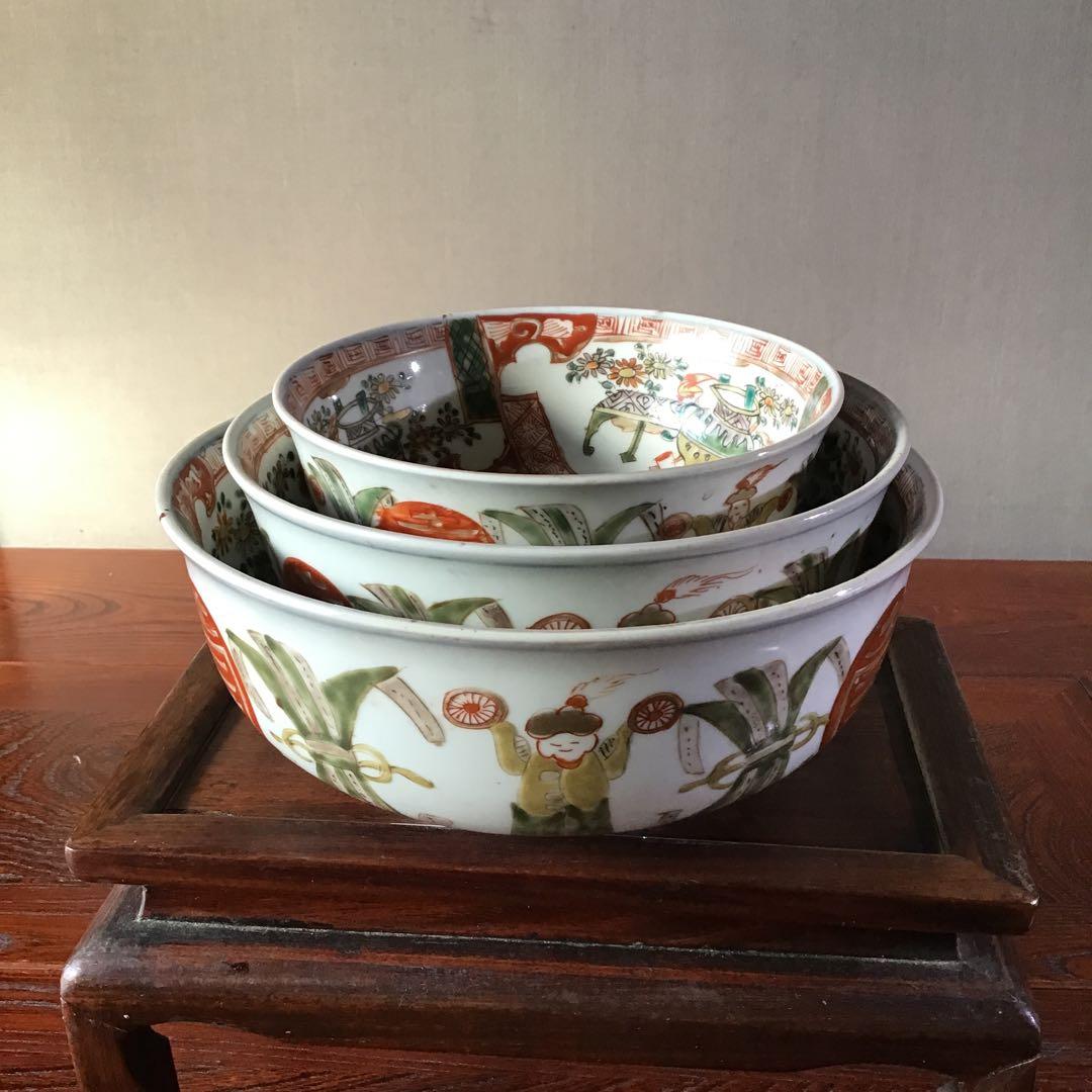 古伊万里　唐子壽　三組丼　江戸期