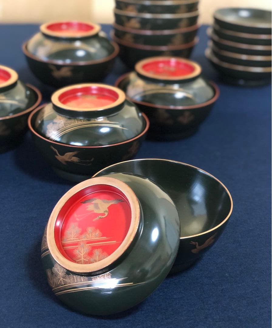 ❗️割引《R》青漆内朱 若松鶴蒔絵 菓子椀10客 木製漆器 木箱　250904H2