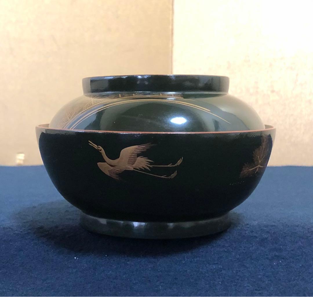 ❗️割引《R》青漆内朱 若松鶴蒔絵 菓子椀10客 木製漆器 木箱　250904H2