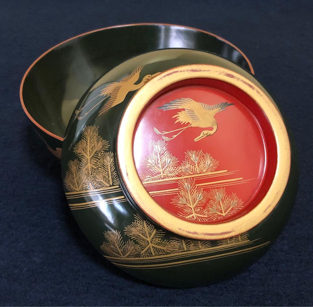 ❗️割引《R》青漆内朱 若松鶴蒔絵 菓子椀10客 木製漆器 木箱　250904H2