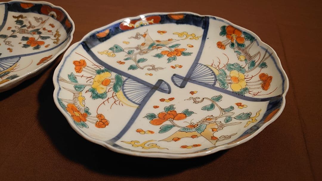 古伊万里　伊万里　色絵　扇文　華の図　蔵出し　大皿　菓子皿　２客