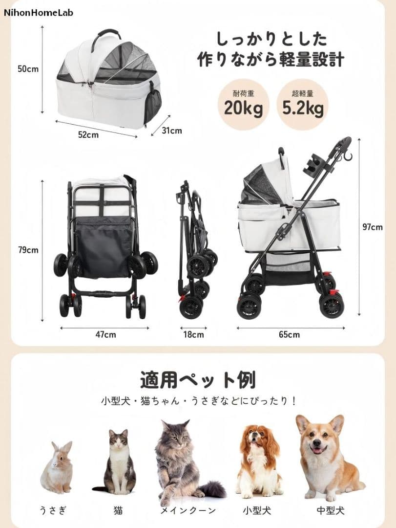 分離式3WAYペットカート20kg：多頭犬猫対応、便利な収納付グレー