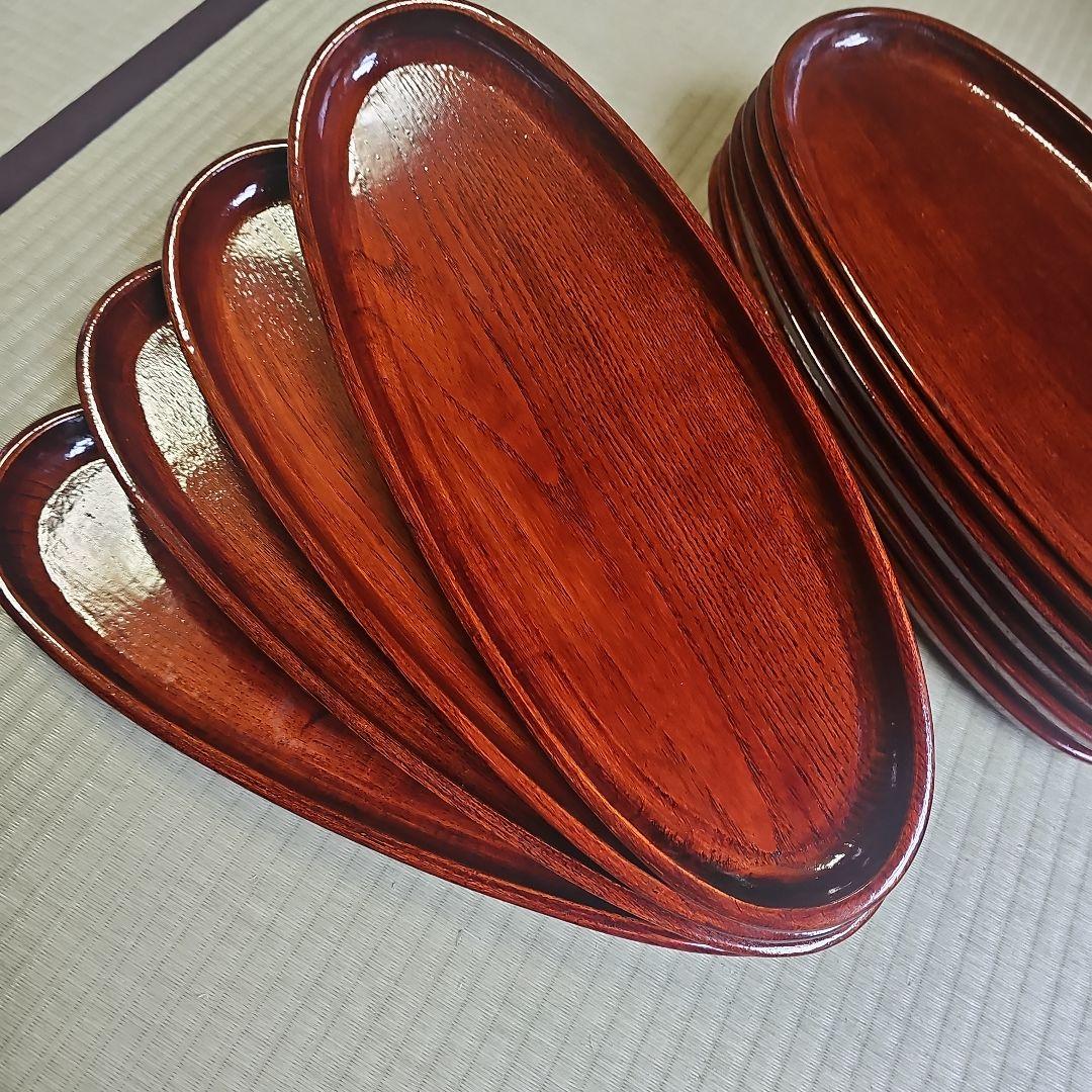 昭和レトロ/1950年代物】漆塗りお盆 天然木製品 楕円形盆 楕円盆 10客