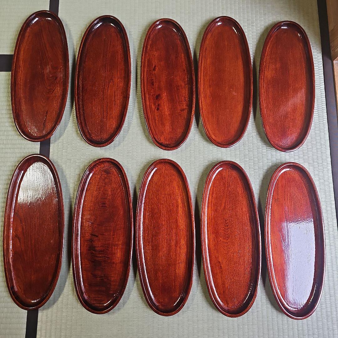 昭和レトロ/1950年代物】漆塗りお盆 天然木製品 楕円形盆 楕円盆 10客