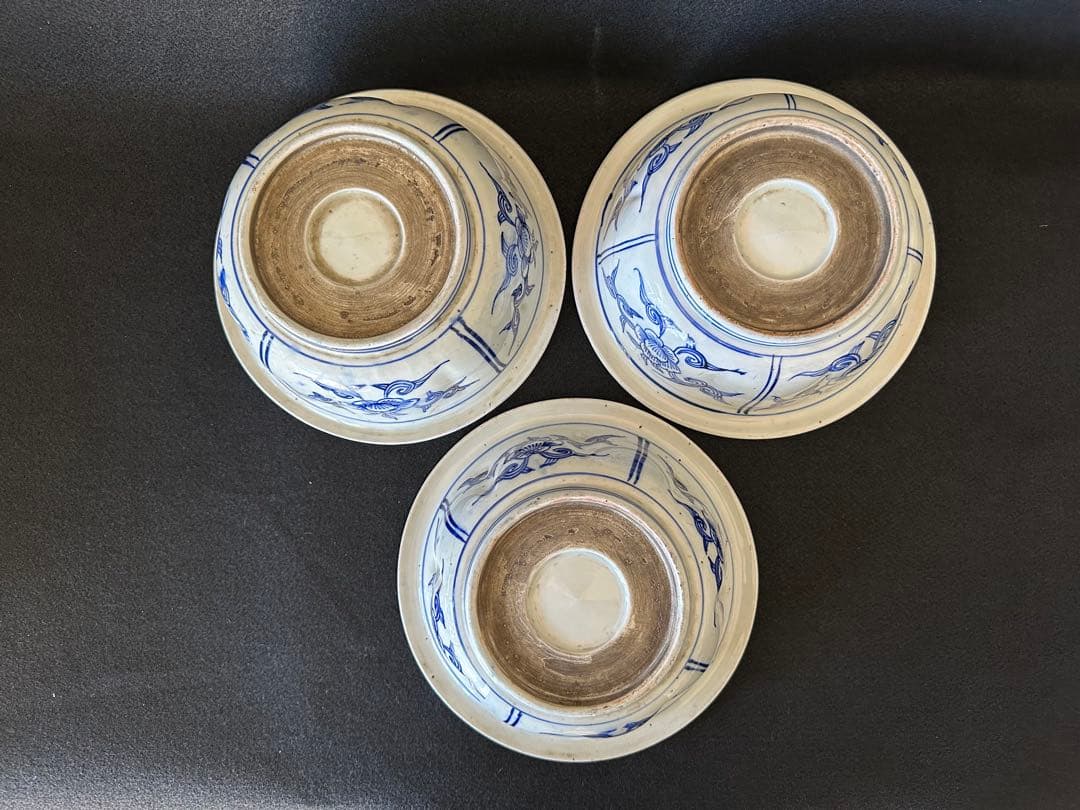 明治期 染付　花鳥図 中鉢 3点セット　直径21cm