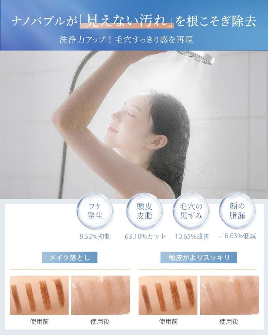 シャワーヘッド マイクロバブル 3段階水流 節水87％ 高水圧
