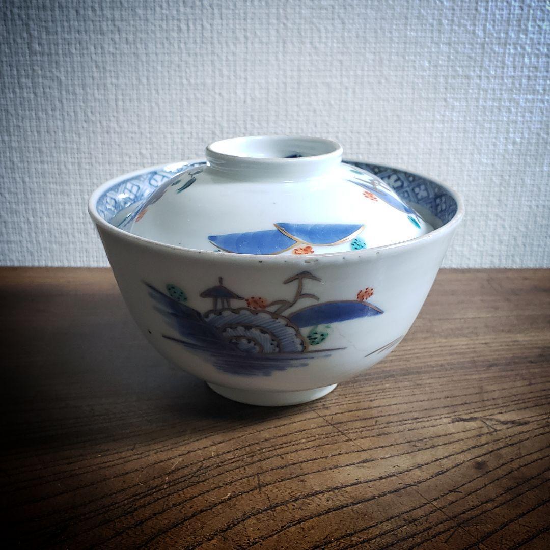 蓋物 茶碗 訳あり スレ 古伊万里 染錦 染付 山水 岩山 遠山 家屋 人物