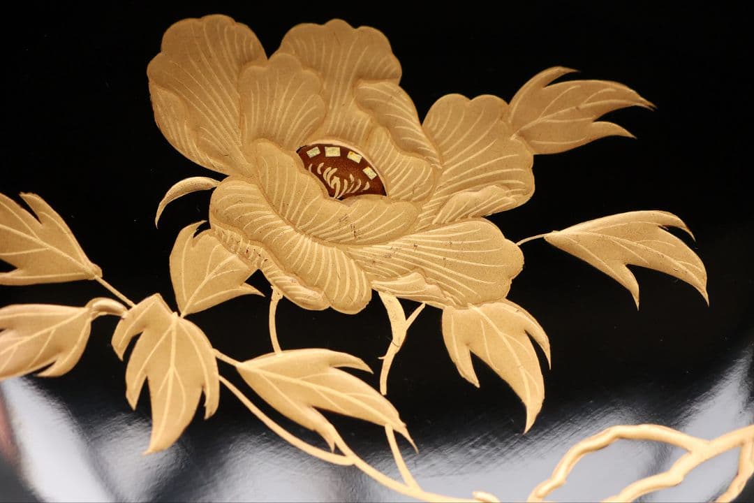 【CM431】天然木漆塗 獅子牡丹唐草金蒔絵 黒塗椀 二客 / (検) 輪島加賀
