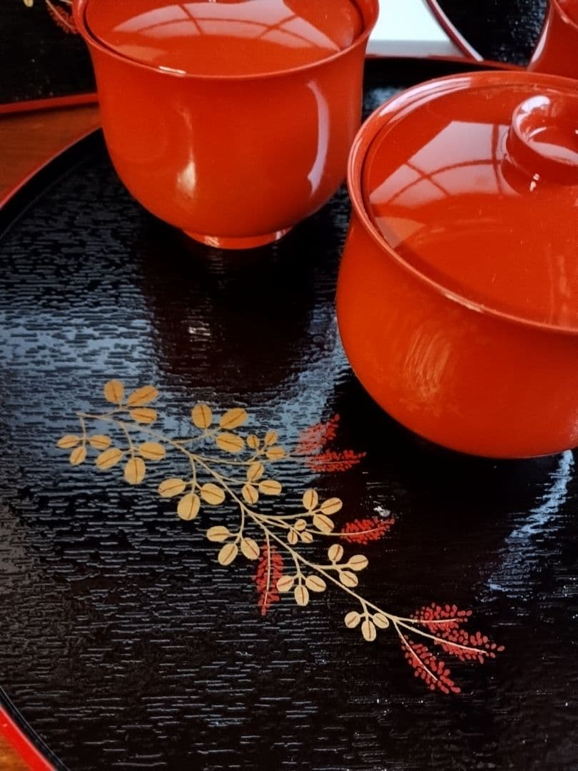 未使用 山中漆器 お盆 汁椀 6点セット 半月膳 花柄 山中塗り 南天 御膳
