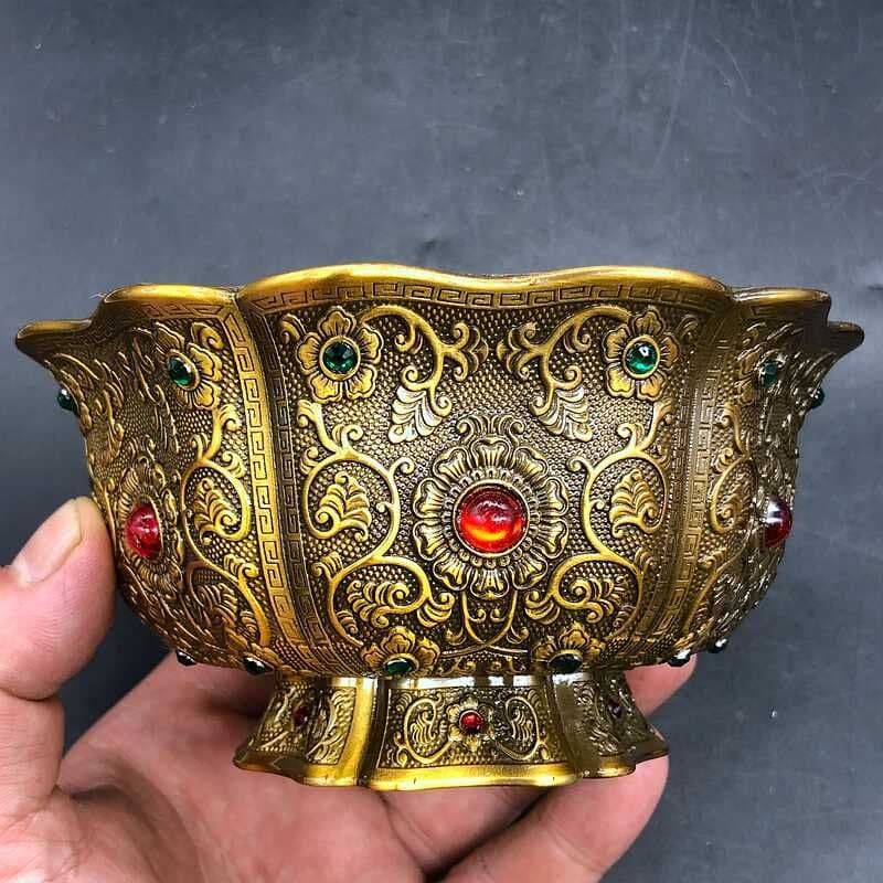 銅 細工 レリーフ花開富貴碗 装飾品 工芸品美術品 置物