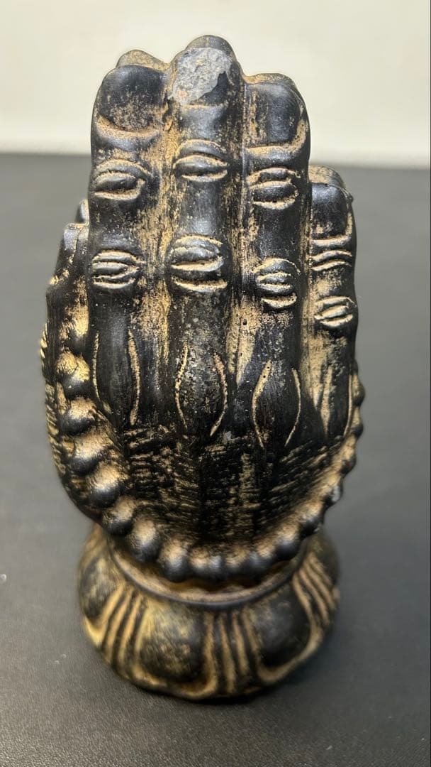細工彫刻石合掌像蓮華台　縁起物、金運、美術品、旧家蔵出し、お守り、古美術、仏教