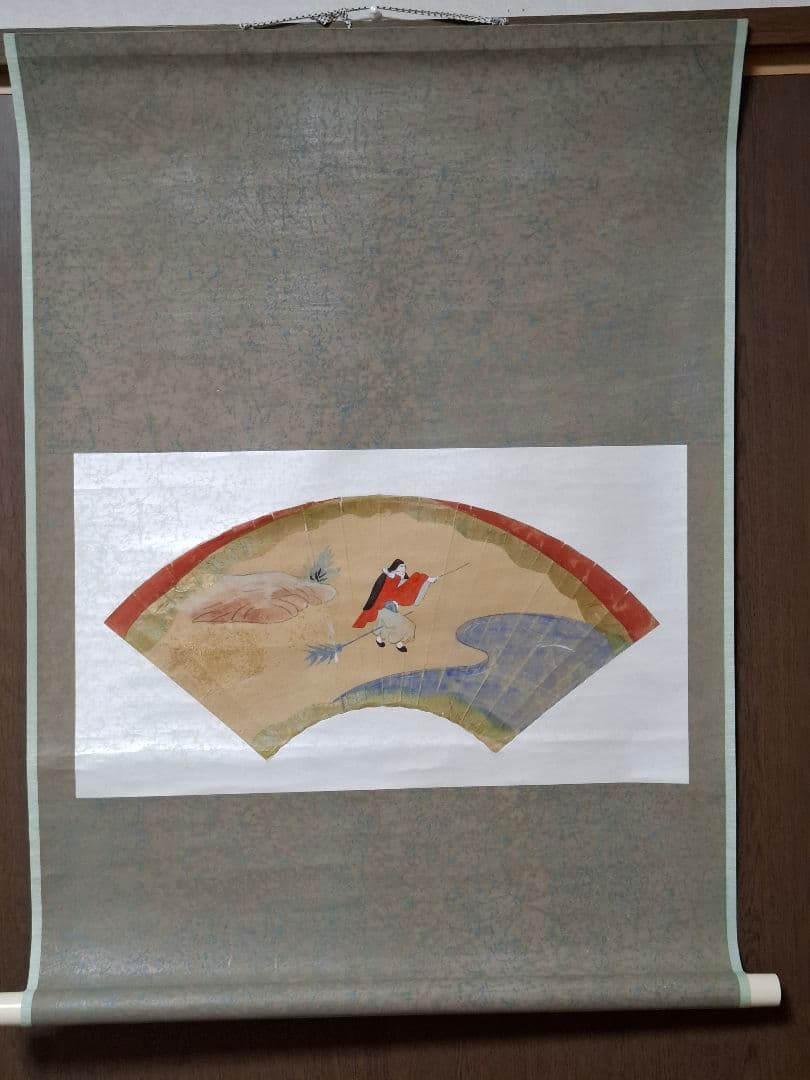 春のお茶席床飾り　掛け軸　遊童子　扇面日本画　箱なし