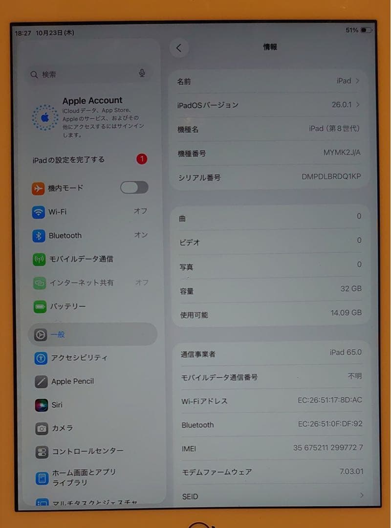 完動品SIMフリーiPad第8世代(A2429)本体32GB送料込DQ1KP