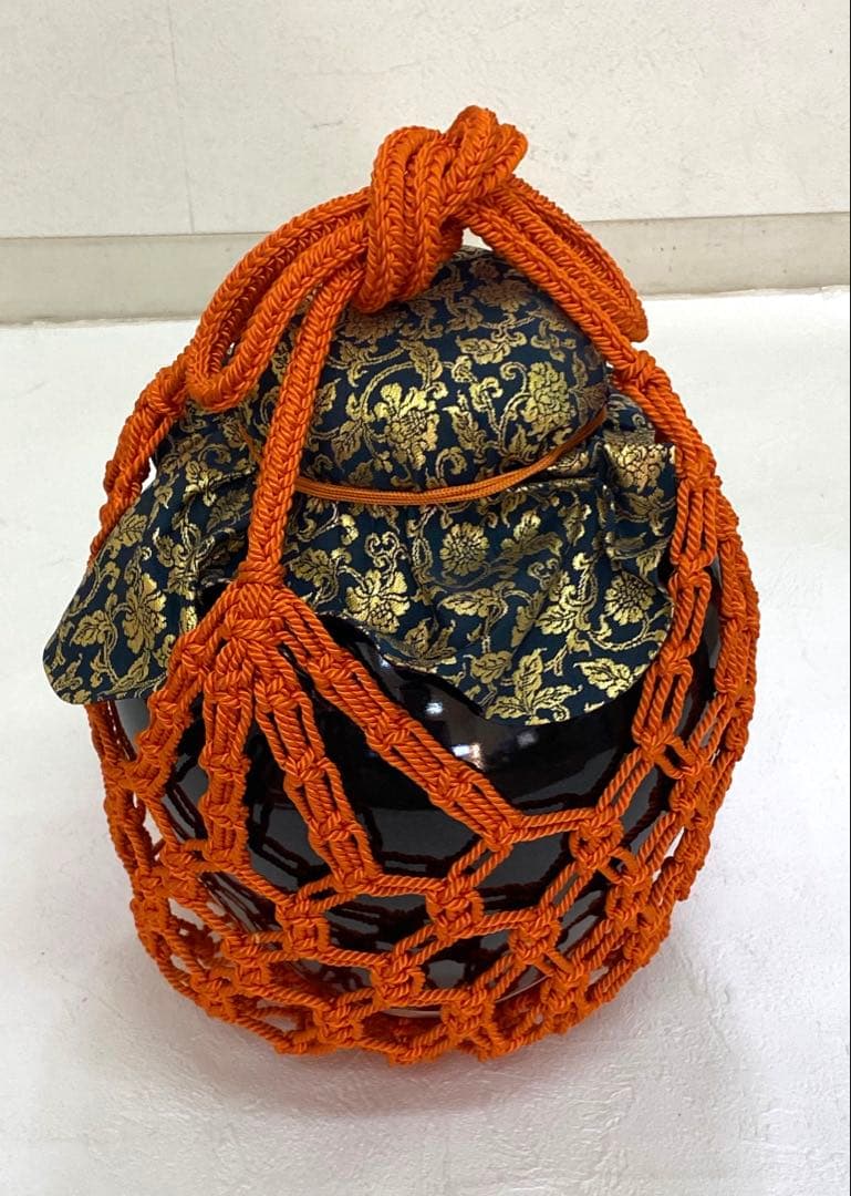 茶壷 飾壷 天目釉 洛東 草山作 飾り網 三本紐 共箱 茶道具