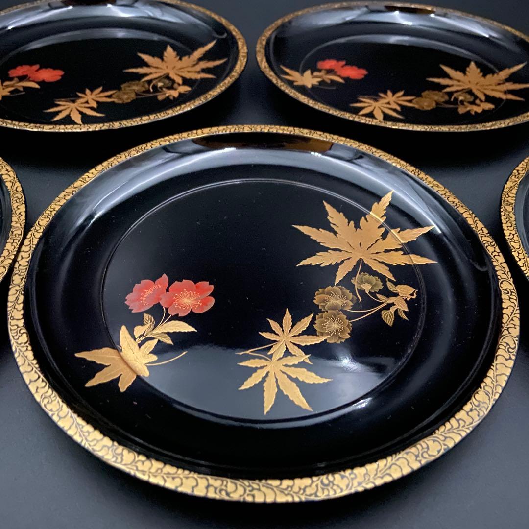 木製漆器 本金 蒔絵 銘々皿 5客 雲錦 菓子皿 菓子器 桜 紅葉 SAKURA