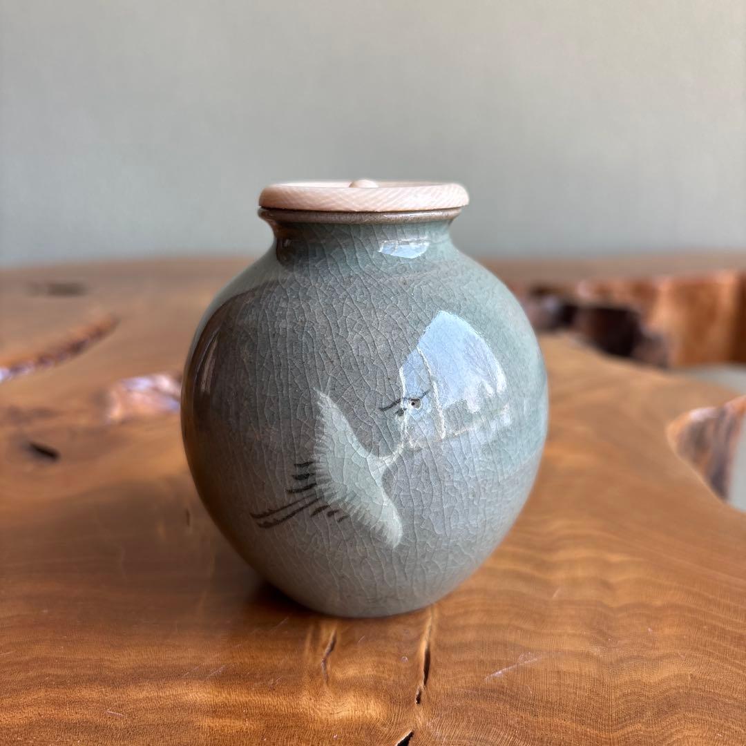 水広陶窯 李貞夏造 高麗青磁茶入 仕覆付 共箱 茶道具