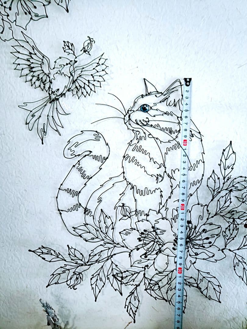 猫　小鳥　花 ワイヤークラフト　アート　壁掛け