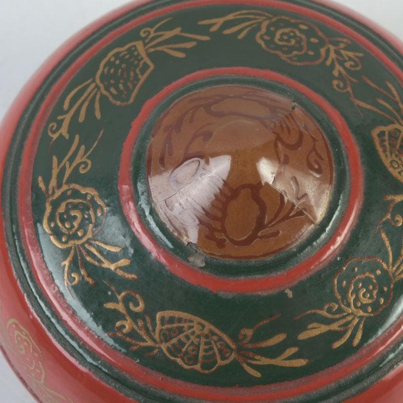 茶道具　朱塗　貝蒔絵　香合　仕覆付　朱書花押あり　V　9854