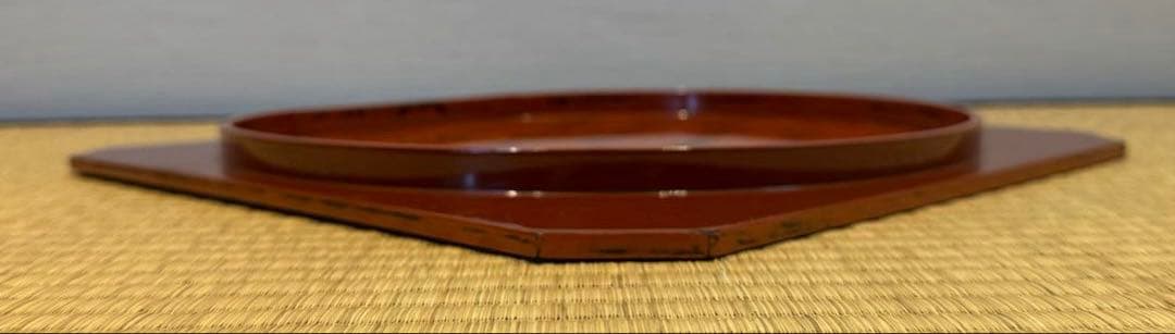 根来風 朱漆 古色仕上げ 隅切丸盆 (落とし込み盆) /折敷飾り盆菓子盆茶懐石