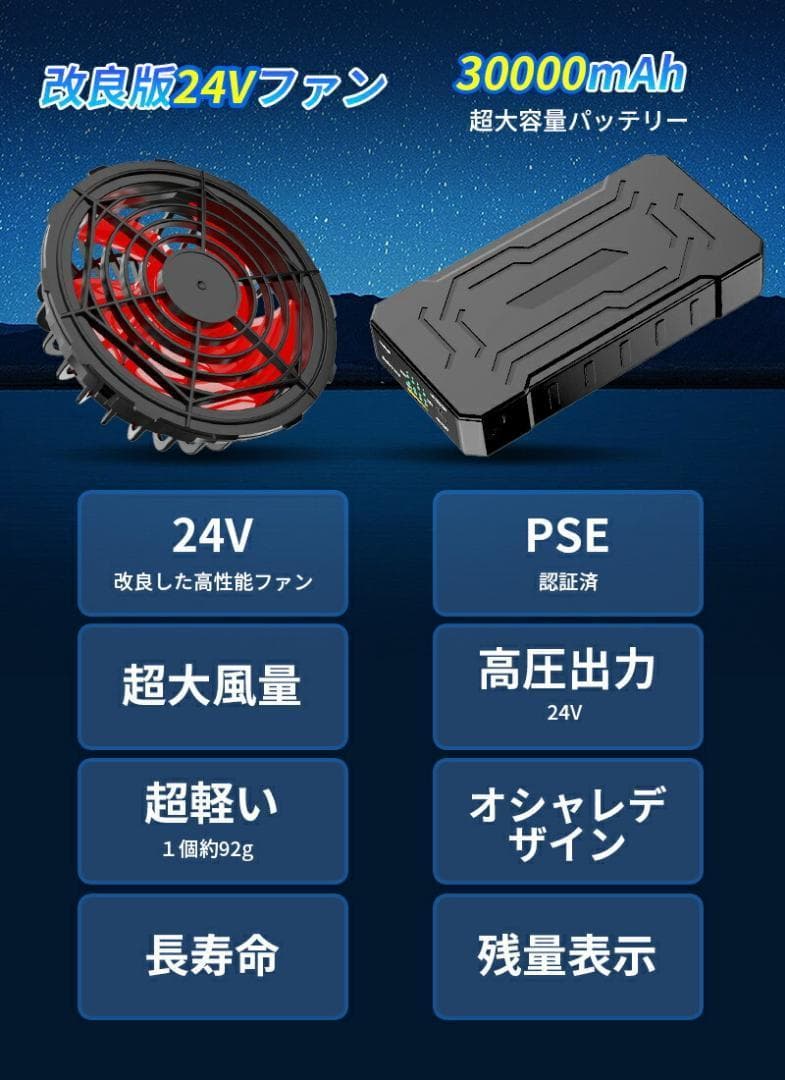 30000mAh 24V高出力 バッテリーファンセット 4段階調節 空調ウェア