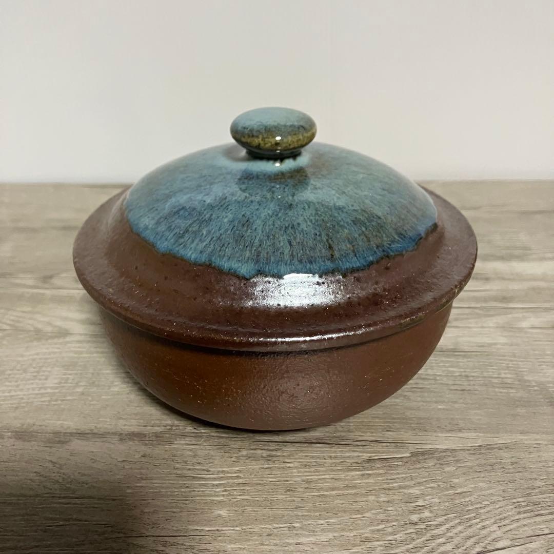 D-4 【趣のある一品】和食器 蓋付き 菓子器 菓子鉢 釉薬 瑠璃色/茶 陶器