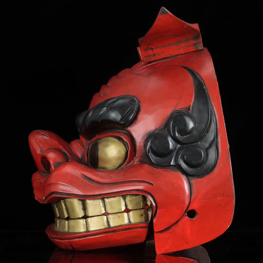 な*み様 時代物 木彫獅子頭 朱漆塗金彩 幅34cm 獅子舞 神楽面 魔除 縁起