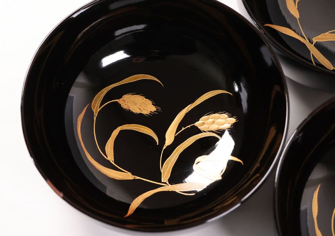 【CM441】輪島塗 天然木漆塗 粟穂鶉金蒔絵 黒塗椀 三客 鳥 漆芸 木製漆器