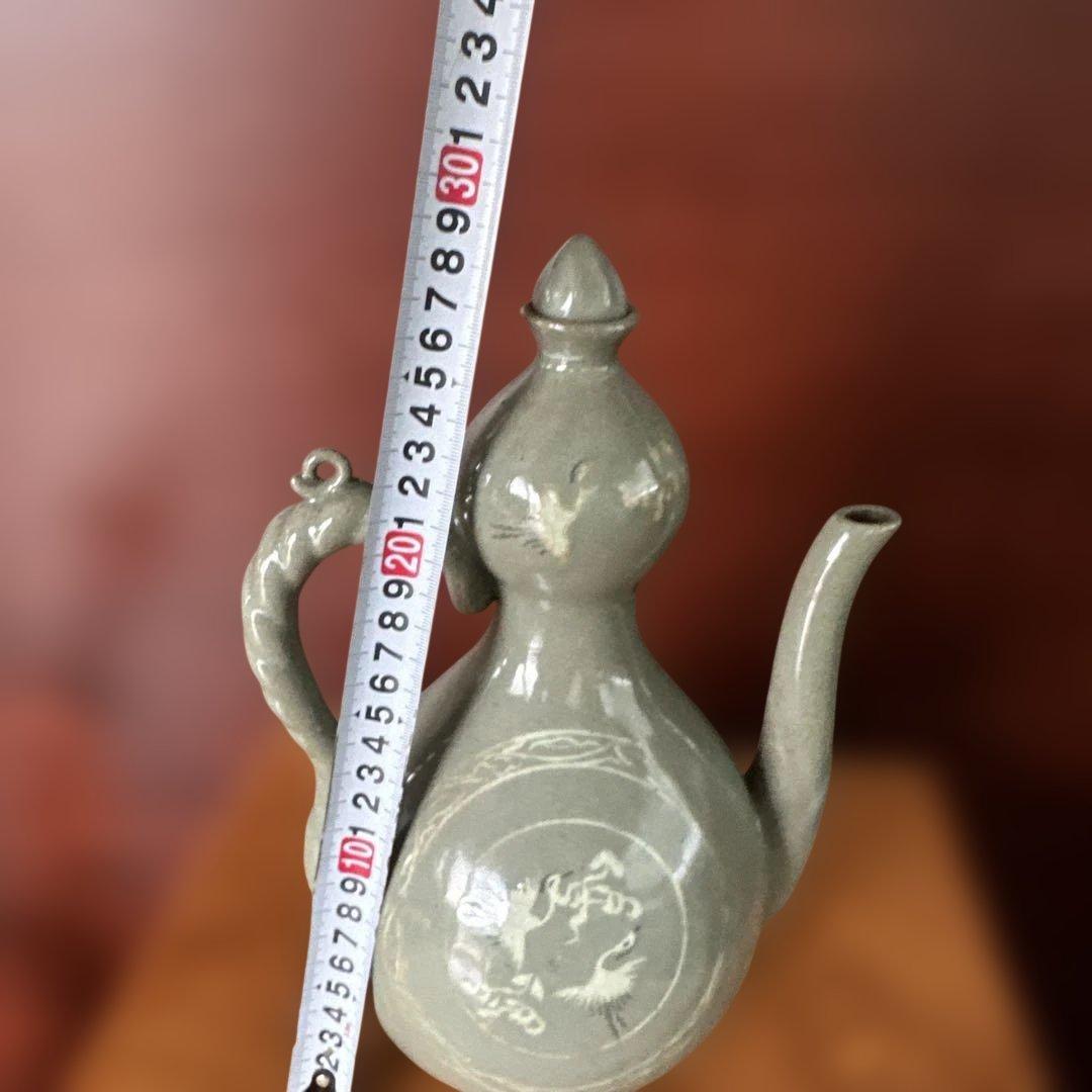 青瓷 鶴の絵柄 陶器 水差し グレー