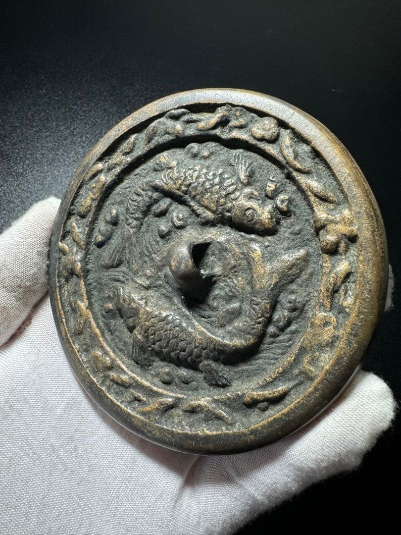 遼代 銅鏡 双魚文様 中国古美術銅鏡 古鏡 古玩 骨董品 極細工 旧家蔵出し