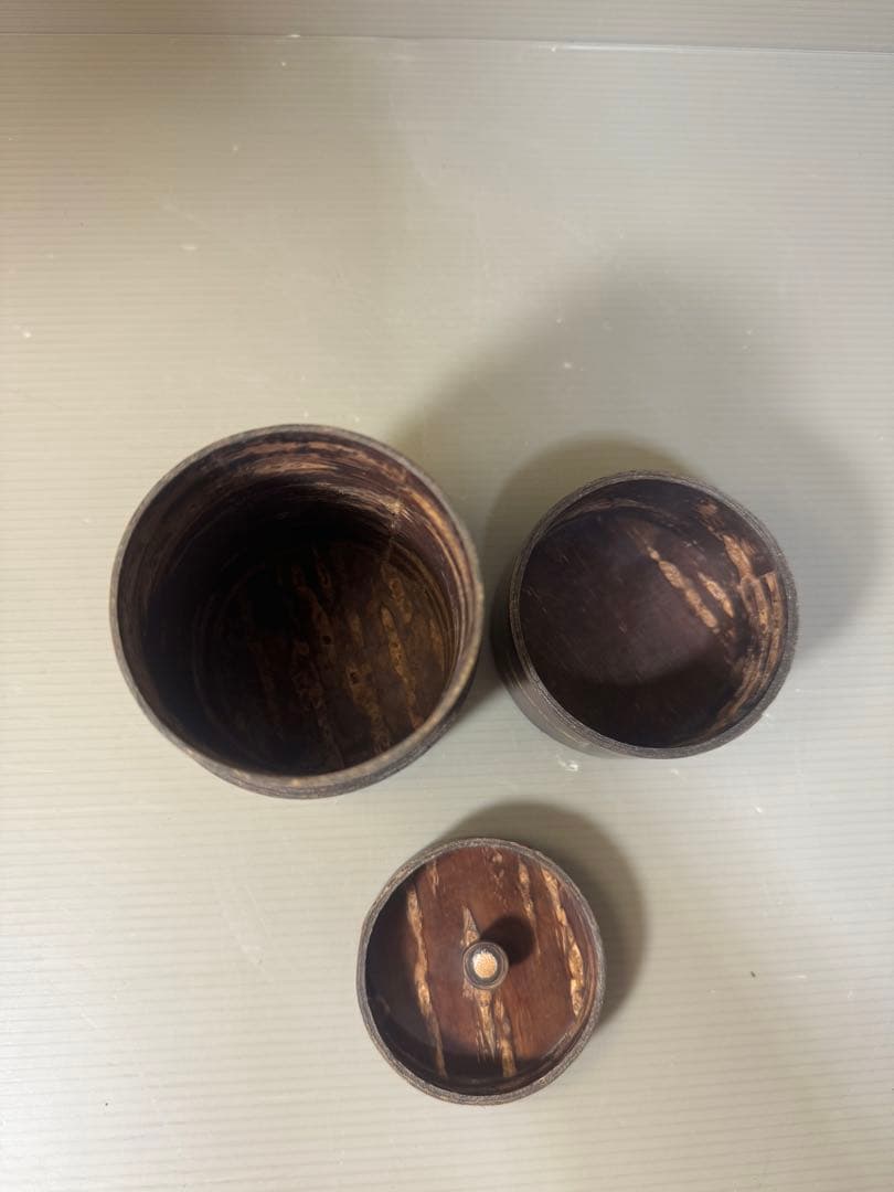 2354 桜皮細工　樺細工　蓋型小物入れ3客　茶入1客