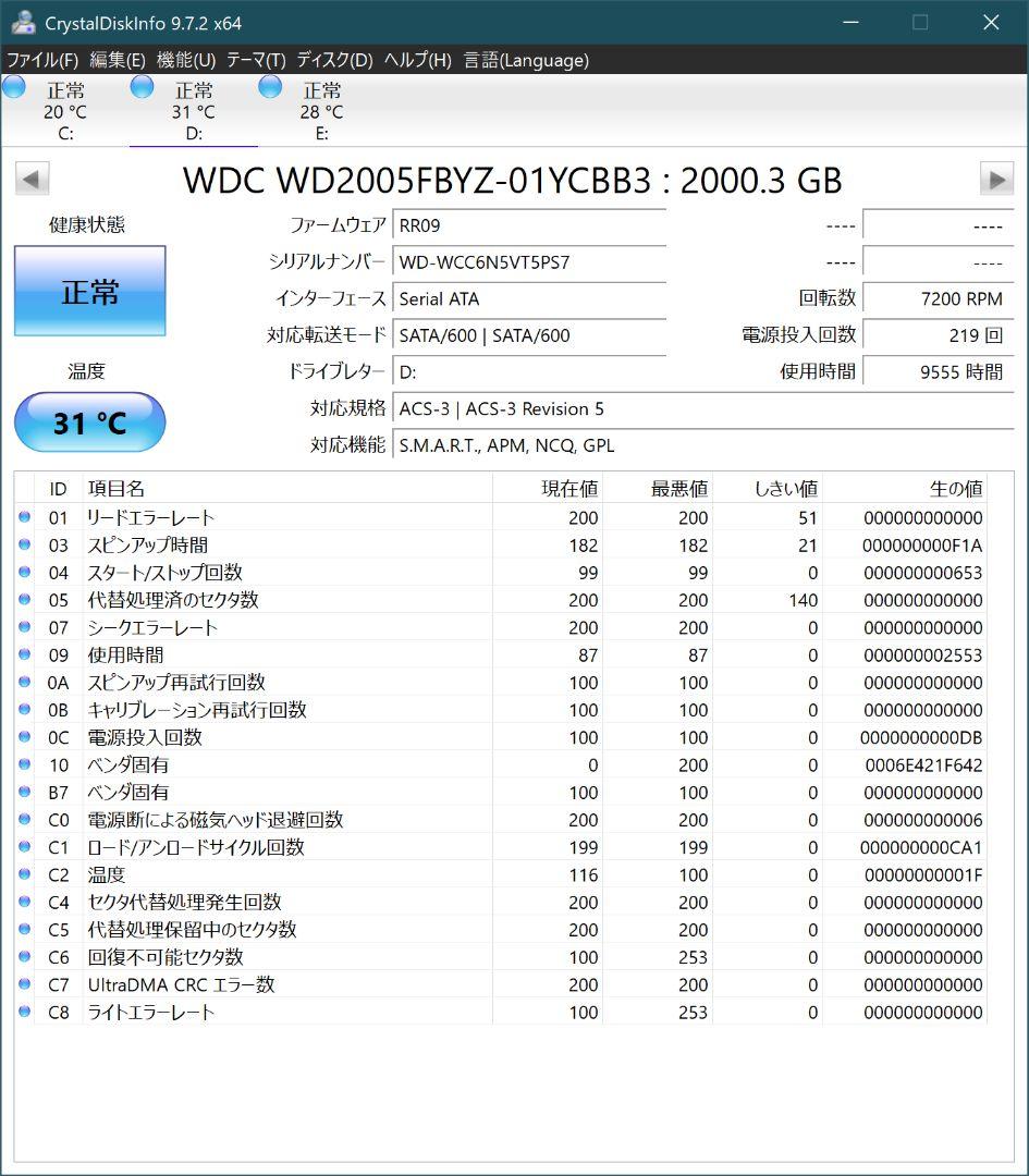 【美品】【中古品】WD Gold 2TB WD2005FBYZ 内蔵型HDD
