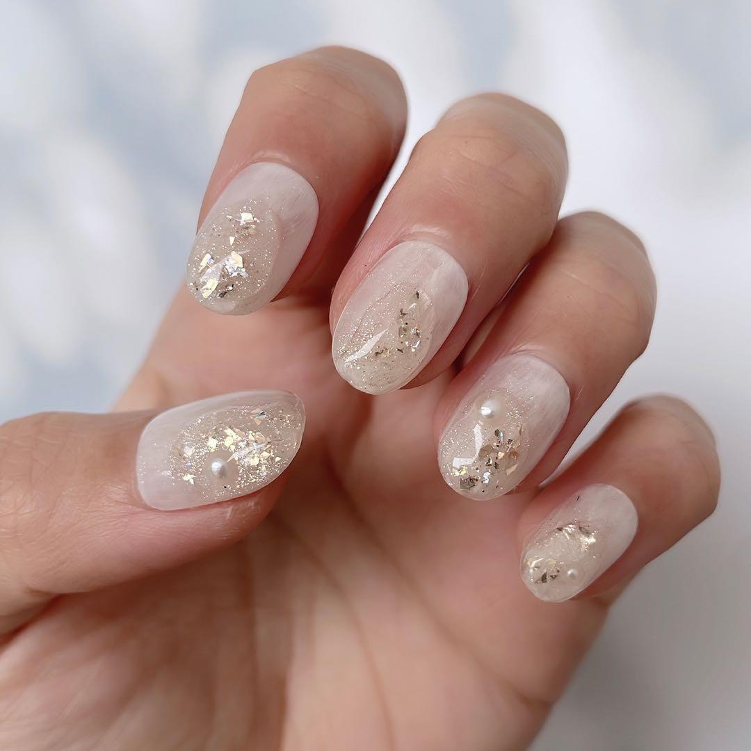 【chai.nail】クリアホワイトのうるうるラメネイル　ネイルチップ