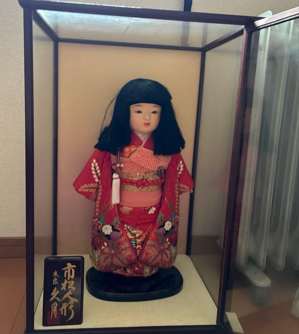 久月　市松人形 ガラスケース付き