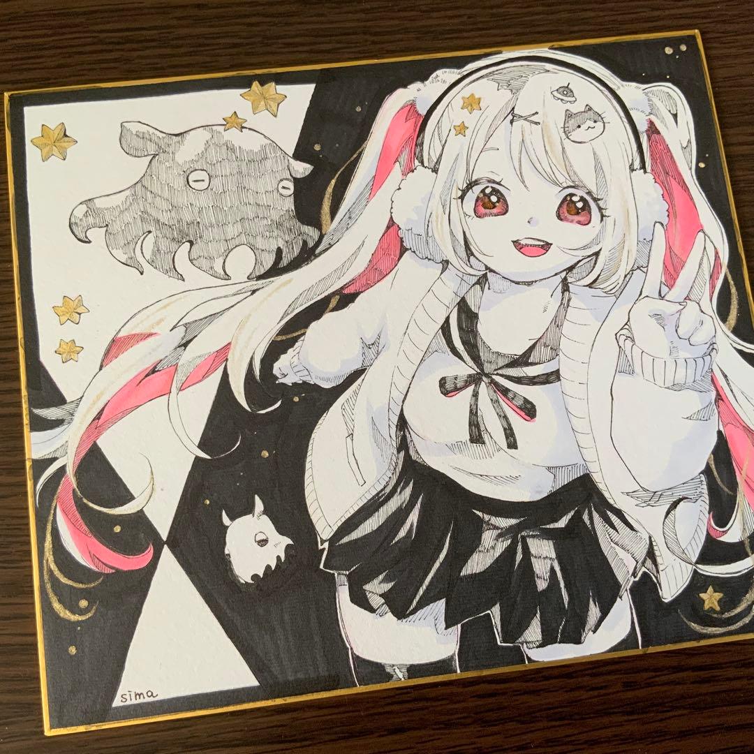 色紙イラスト　オリジナル 手描き アナログ　女の子とメンダコ