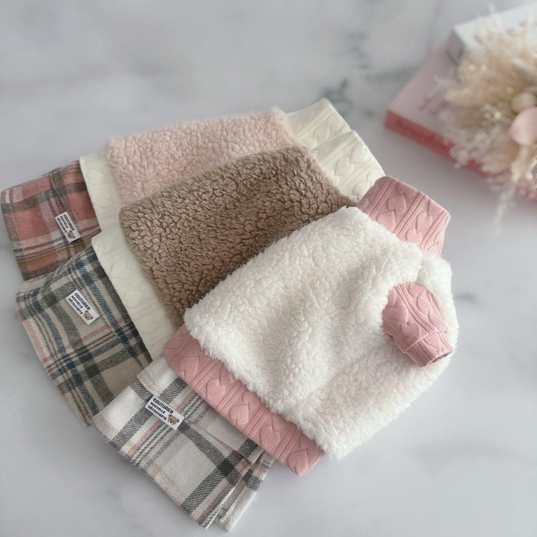 SALE♡ハンドメイド犬服ꕤDMSꕤ重ね着風ワンピース♡ボア♡ハートチェック♡