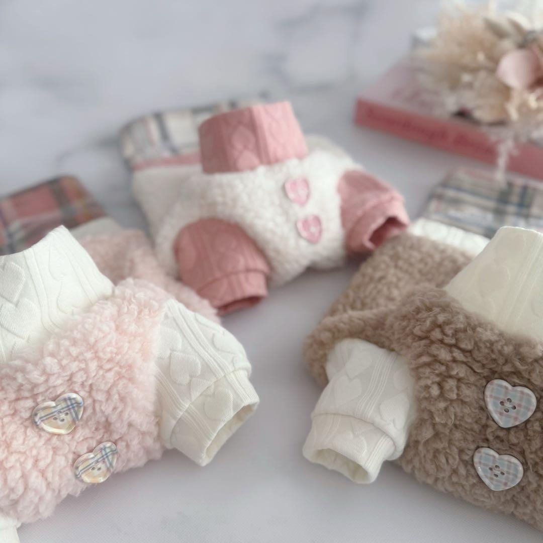 SALE♡ハンドメイド犬服ꕤDMSꕤ重ね着風ワンピース♡ボア♡ハートチェック♡
