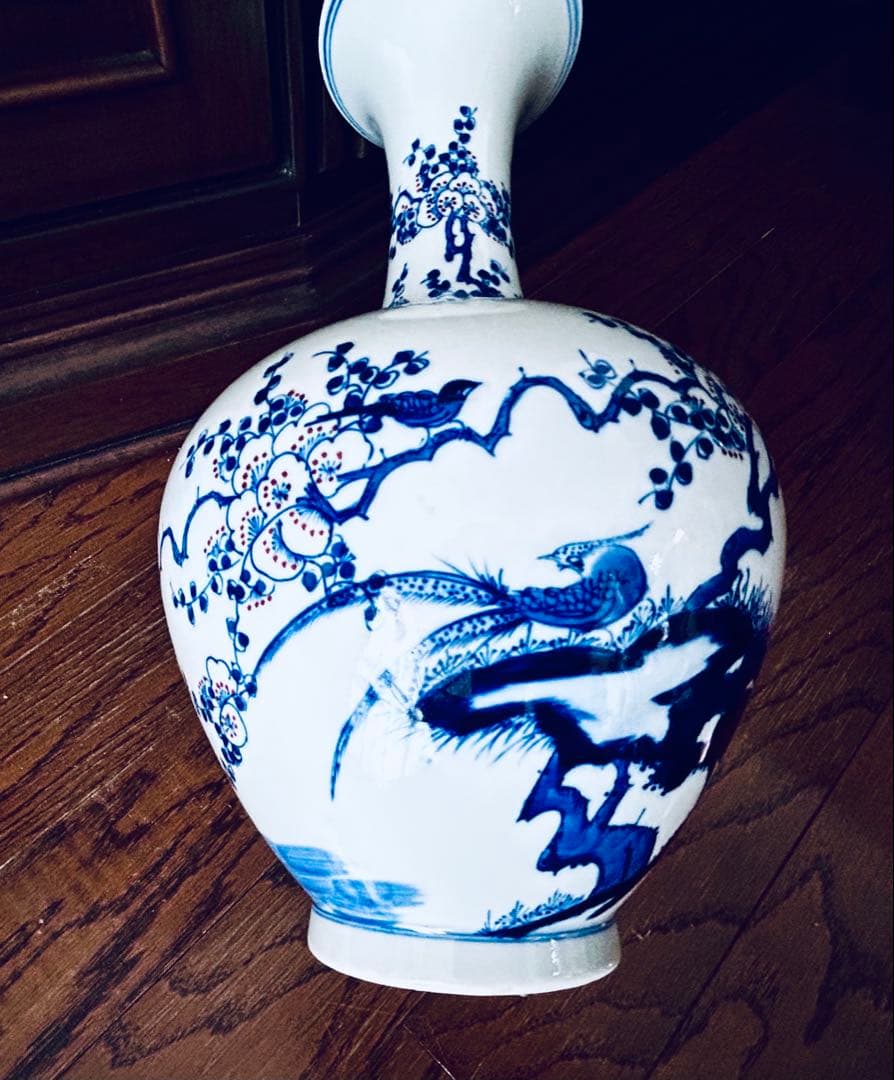 染付　岩に花鳥　花瓶　大