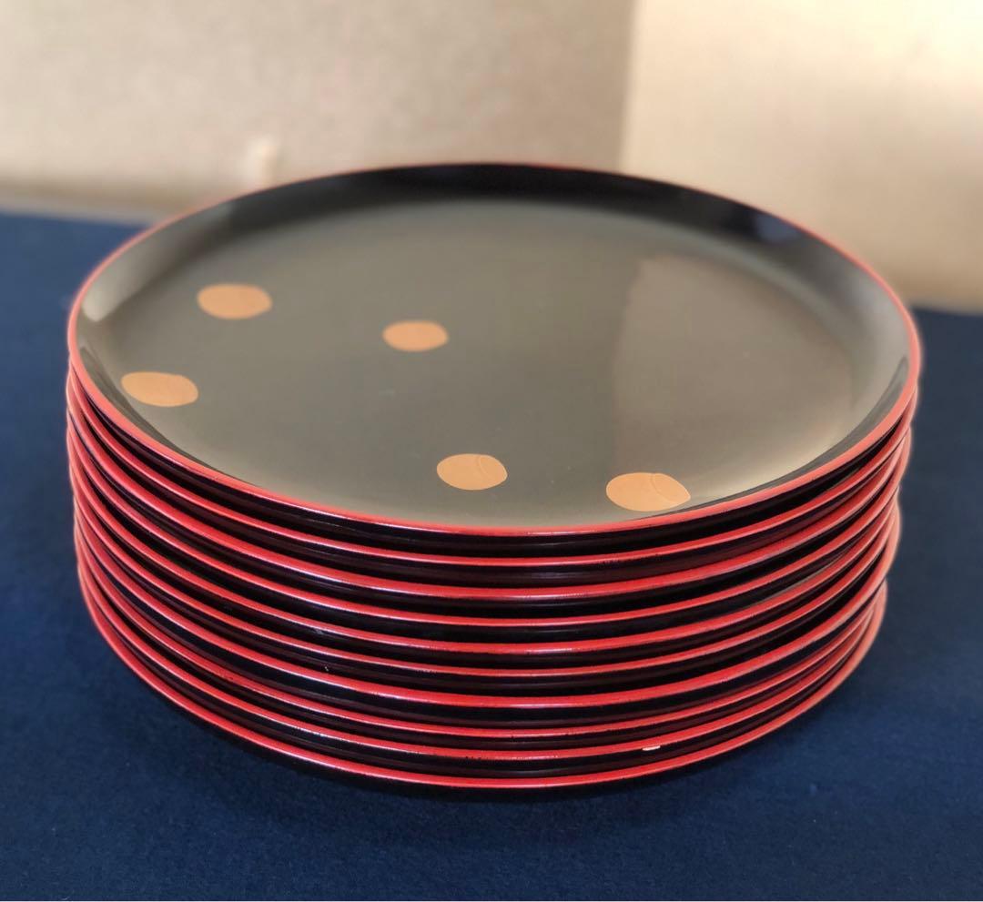 《レ》懐石 黒縁朱 つぼつぼ金蒔絵 丸盆10客 木製漆器 木箱　251030う2