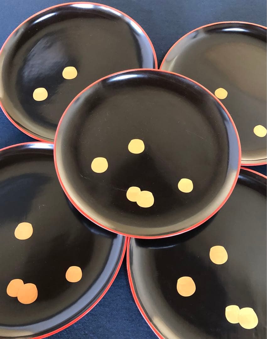 《レ》懐石 黒縁朱 つぼつぼ金蒔絵 丸盆10客 木製漆器 木箱　251030う2