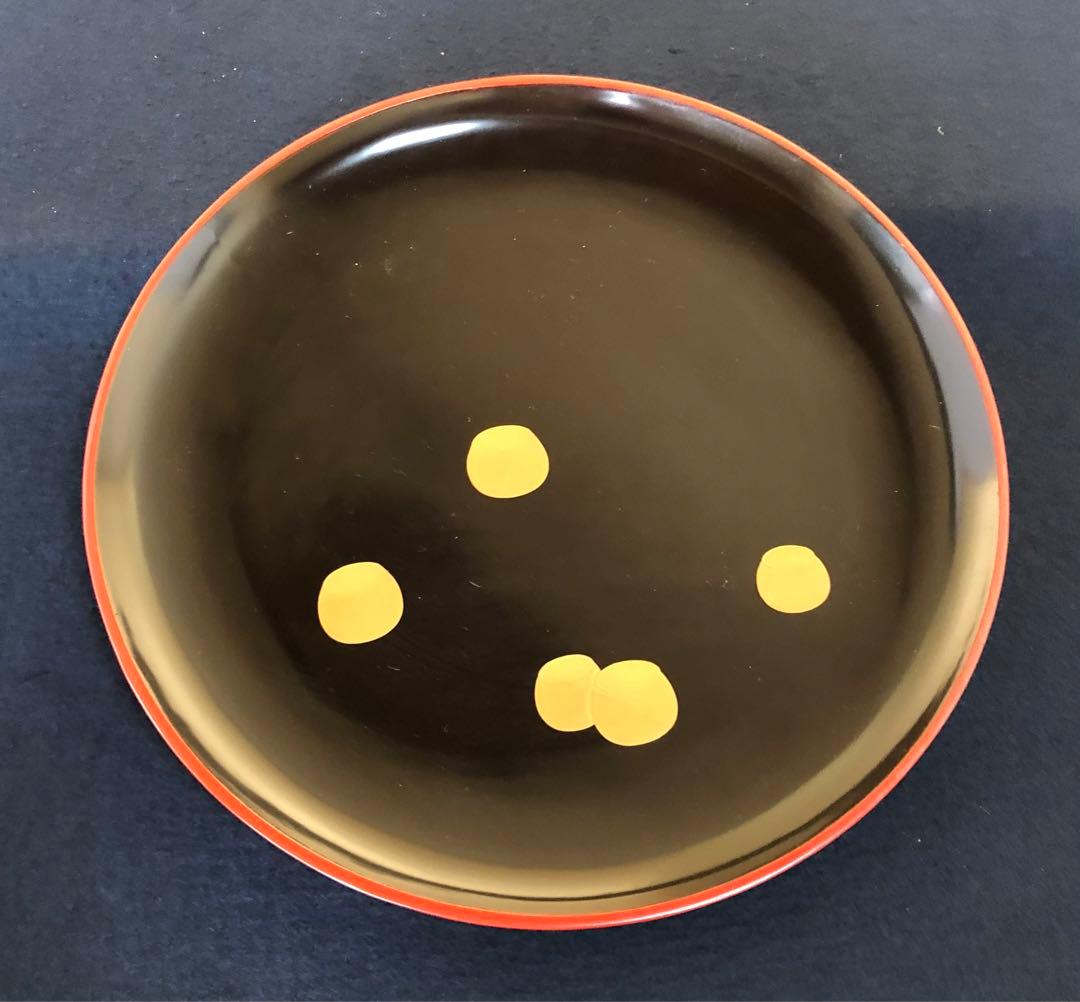 《レ》懐石 黒縁朱 つぼつぼ金蒔絵 丸盆10客 木製漆器 木箱　251030う2