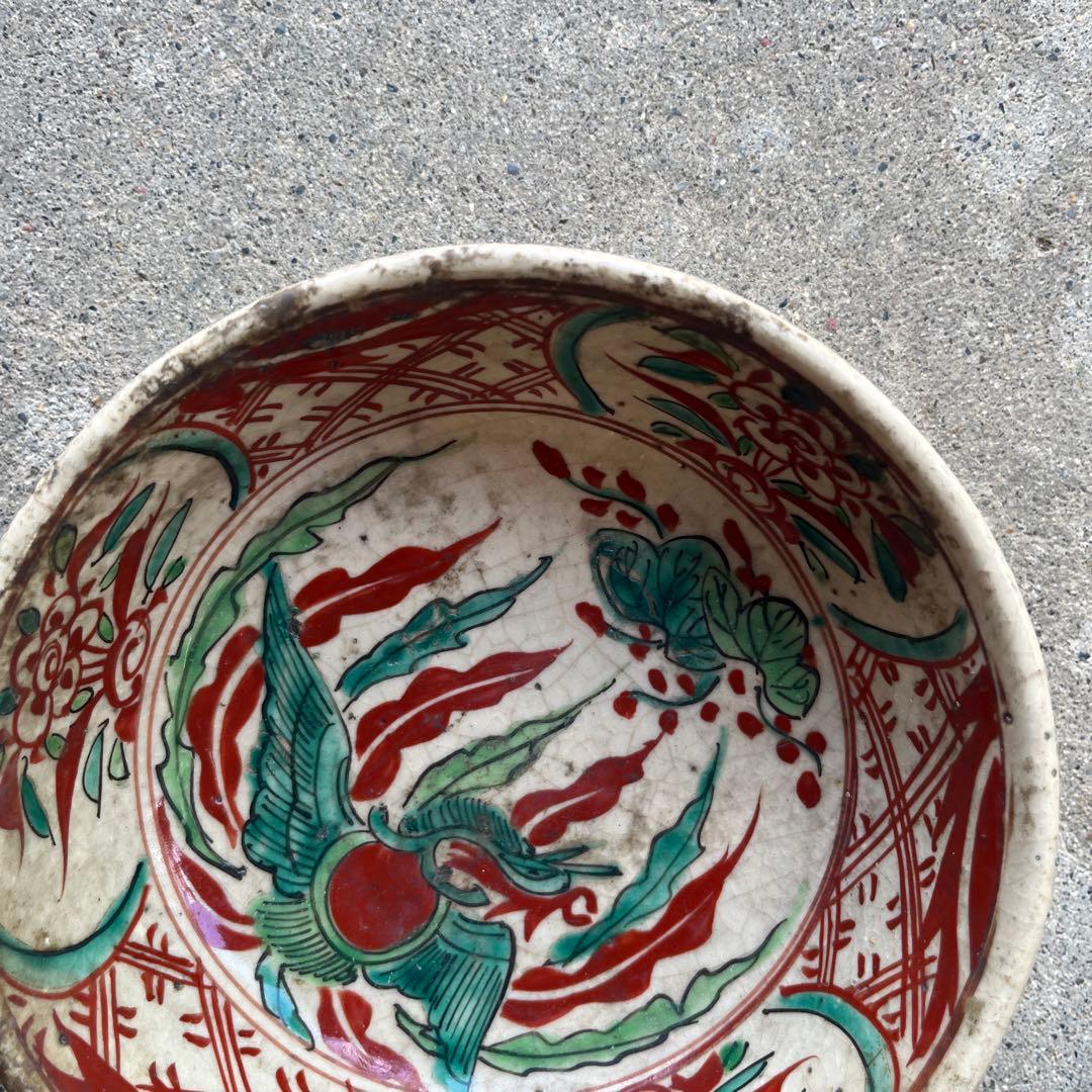 骨董　古犬山焼　赤絵　菓子器　赤玉　なます皿　江戸後期　金継ぎ