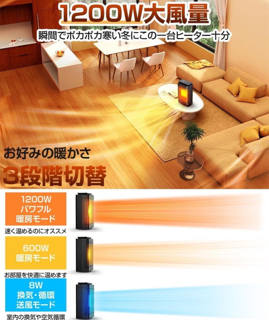 セラミックヒーター 小型 自動首振り 1200W リモコン付き ヒーター 暖房
