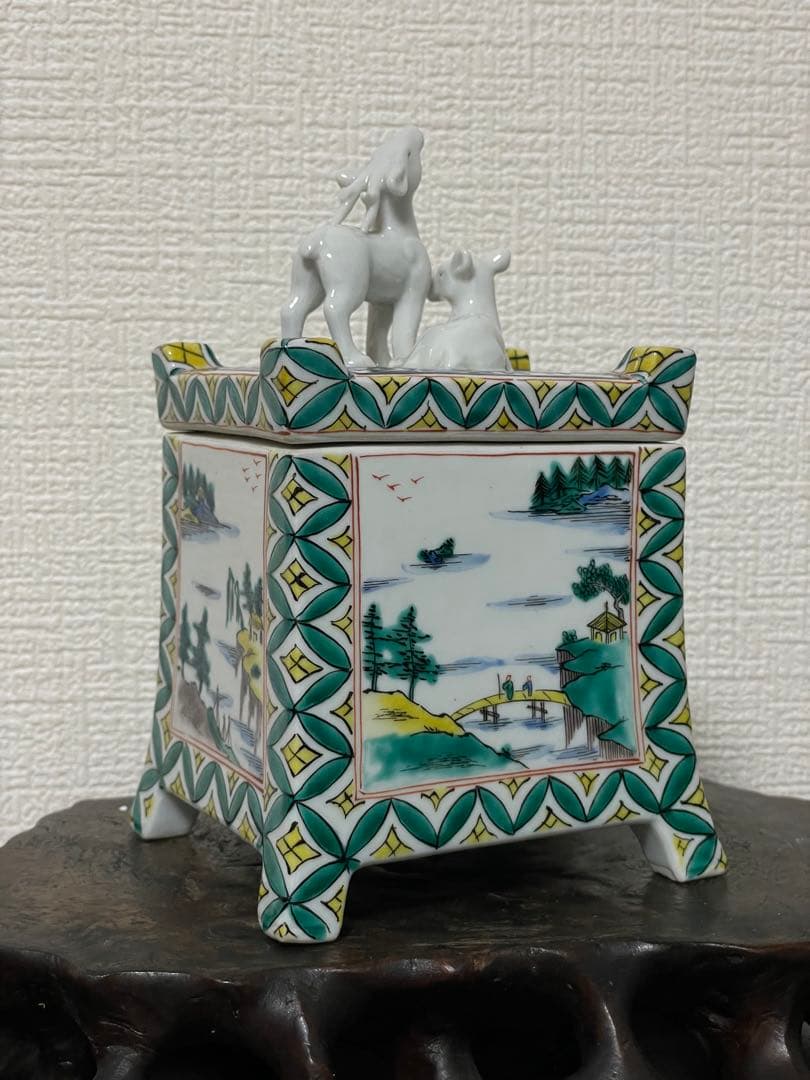 九谷焼 角香炉 鹿摘み 山水図 花鳥図 手描き 古美術 骨董 高さ約16cm