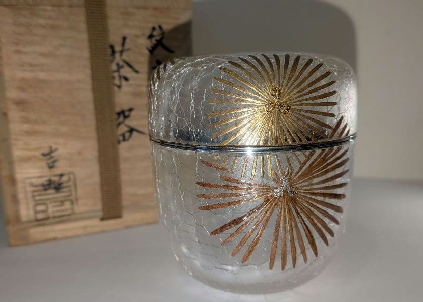 『紋唐松』ガラス茶器　棗 　硝子　吉昭　蒔絵師『吉田華正』ギヤマン夏義山銀覆輪