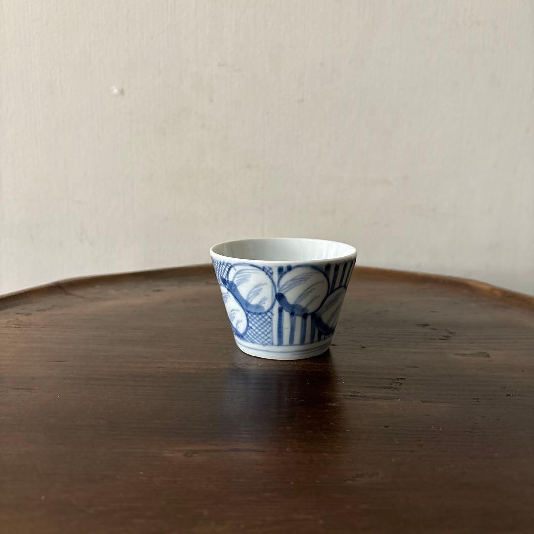 古伊万里　染付　縦線丸　ススキ文蕎麦猪口　古道具　アンティーク　骨董　検:李朝