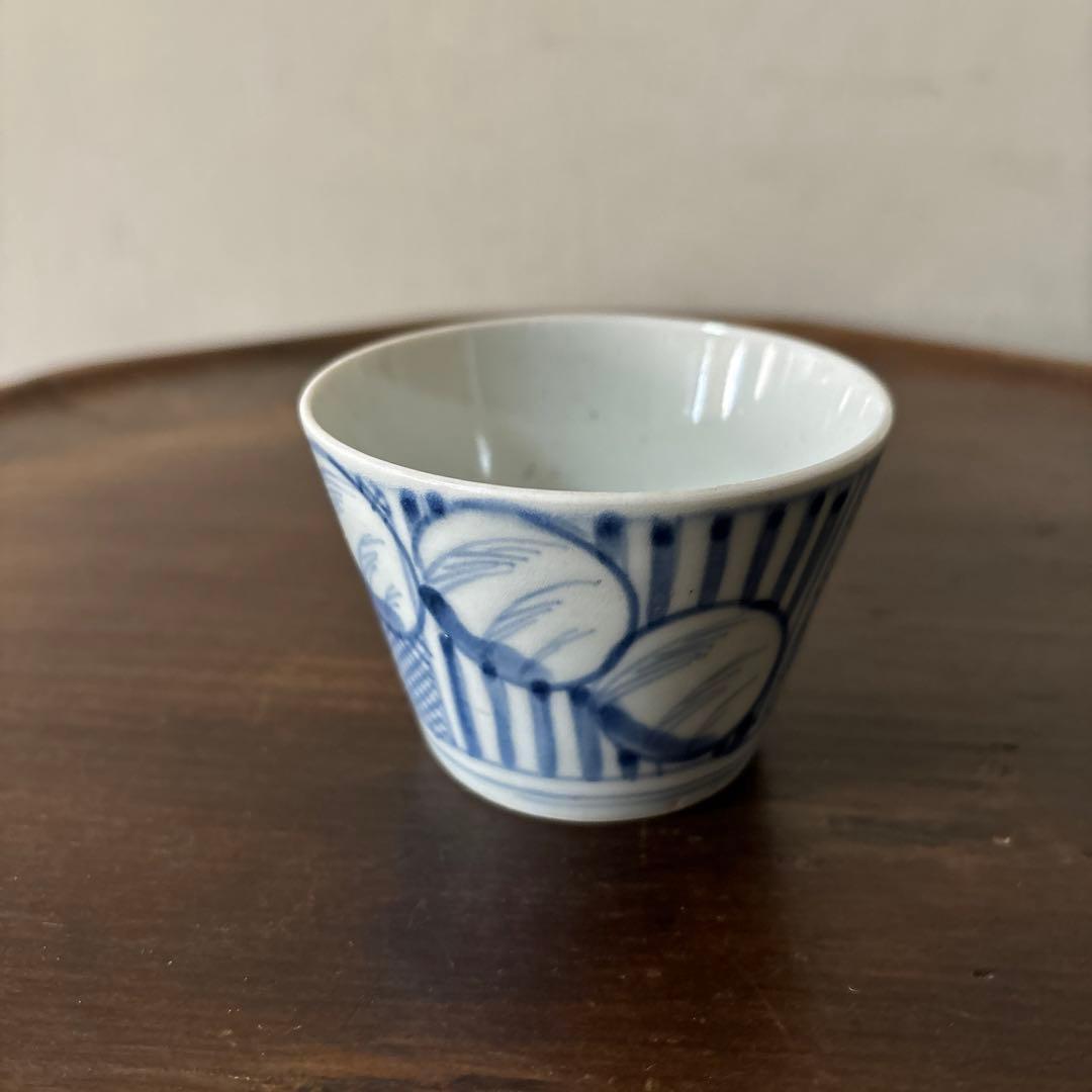 古伊万里　染付　縦線丸　ススキ文蕎麦猪口　古道具　アンティーク　骨董　検:李朝