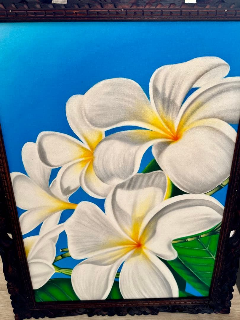 バリ アジアン プルメリア 額付き絵画　アート レリーフ 木彫り 壁飾り 花柄